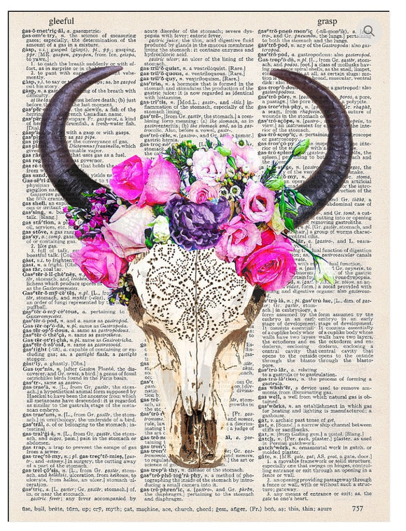 Artnwordz Big Horn Skull Bull Flowers Dictionary Page Pop Art Wall or Desk Art Print Poster