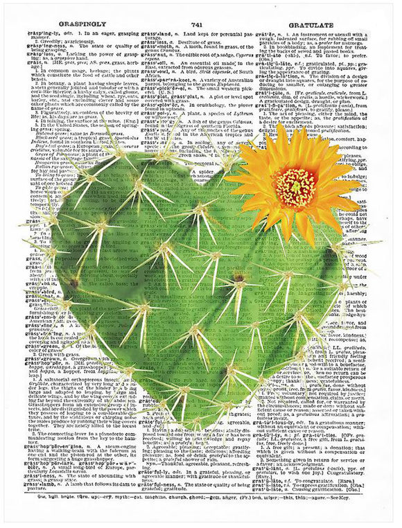 Artnwordz Cactus Heart Original Dictionary Sheet Pop Art Wall or Desk Art Print Poster