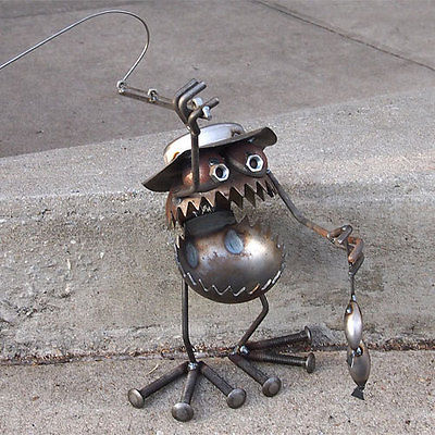 Sugarpost Gnome Be Gone Fly Fisherman with Fish Welded Metal Art