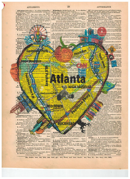 Artnwordz Atlanta Georgia Heart Map Original Dictionary Page Pop Art Print Poster
