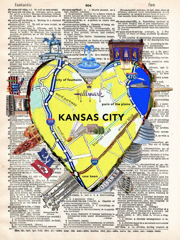 Artnwordz Kansas City Heart Map Original Dictionary Page Pop Art Print Poster