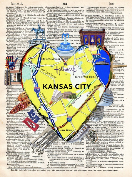 Artnwordz Kansas City Heart Map Original Dictionary Page Pop Art Print Poster