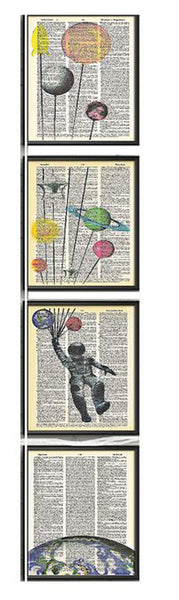 Major Tom Astranaut with Planets 4 Piece Linked Dictionary Art