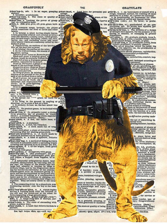 Artnwordz Cowardly Lion As Cop Original Dictionary Sheet Pop Art Wall or Desk Art Print Poster