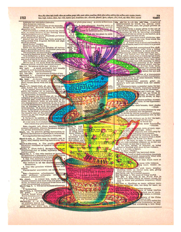 Artnwordz Stacked Teacups Original Dictionary Sheet Pop Art Wall or Desk Art Print Poster