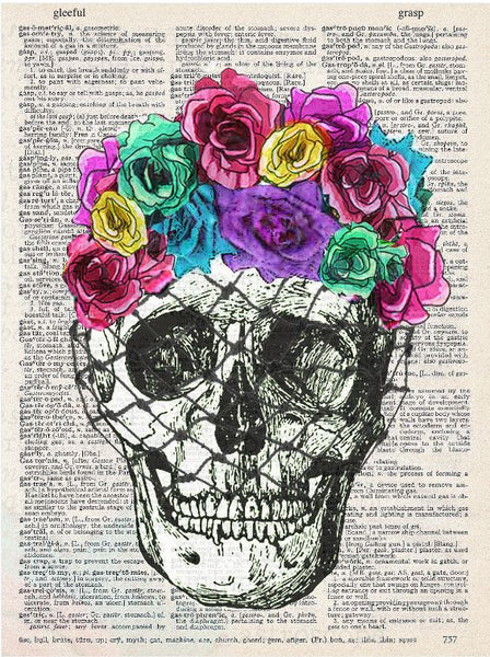 Artnwordz Flower Skull Original Dictionary Sheet Pop Art Wall or Desk Art Print Poster