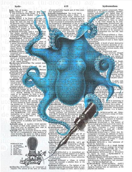 Artnwordz Alfred Inked Blue Octopus Original Dictionary Sheet Pop Art Wall or Desk Art Print Poster
