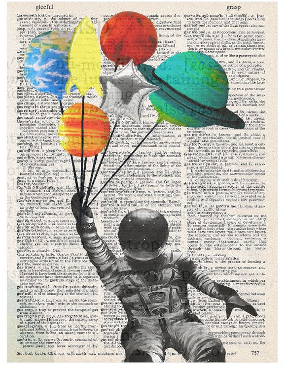 Artnwordz Major Tom Astronaut Planets Balloon Bouquet Original Dictionary Sheet Pop Art Wall or Desk Art Print Poster