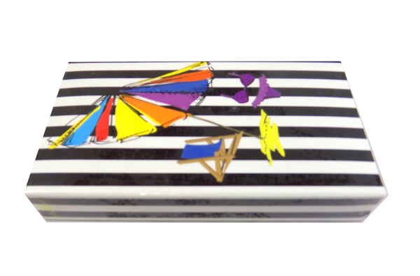 The Joy of Light Designer Matches Beach Scene Black Striped UV Coated Embossed 4" Collectible Matchbox