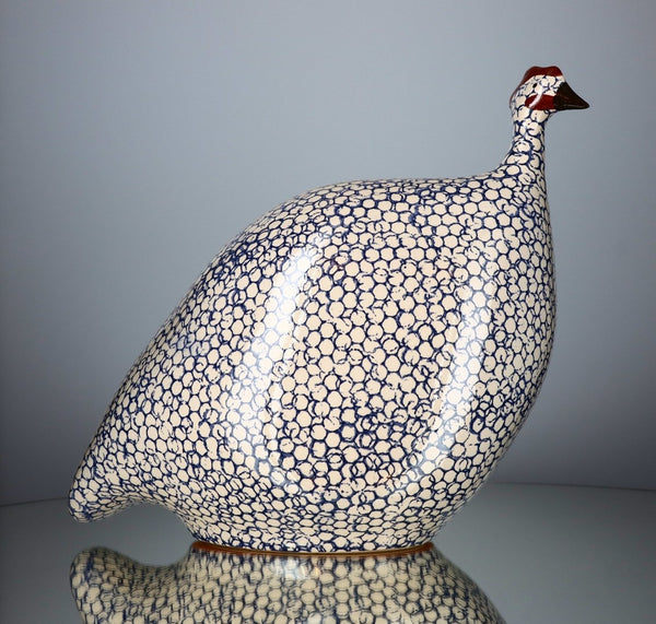 Les Ceramiques de Lussan Small Ceramic Guinea Fowl - White with Cobalt Blue Spots