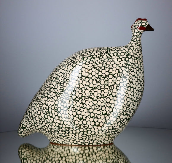Les Ceramiques de Lussan Small Ceramic Guinea Fowl - White with Duck Green Spots