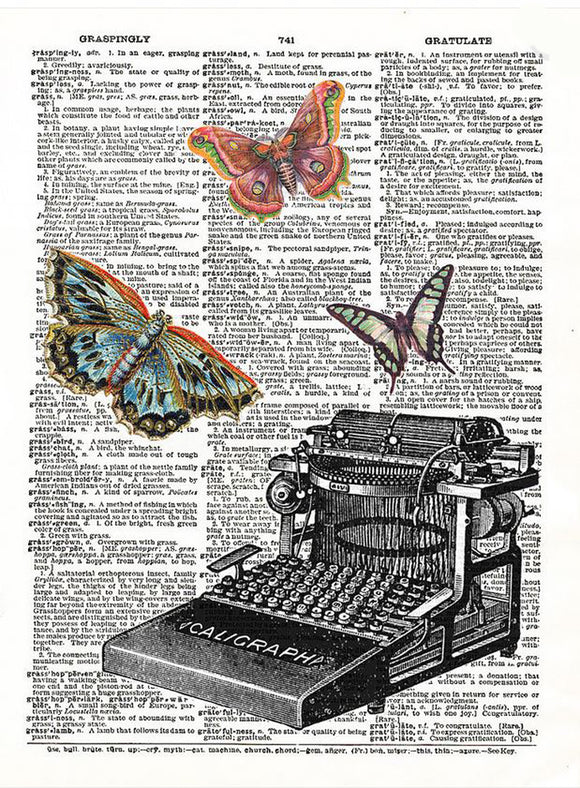 Artnwordz Butterfly Typewriter Original Dictionary Sheet Pop Art Wall or Desk Art Print Poster