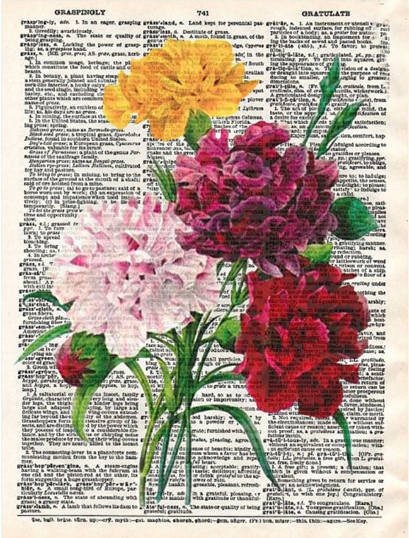 Artnwordz Carnation Flowers Original Dictionary Sheet Pop Art Wall or Desk Art Print Poster
