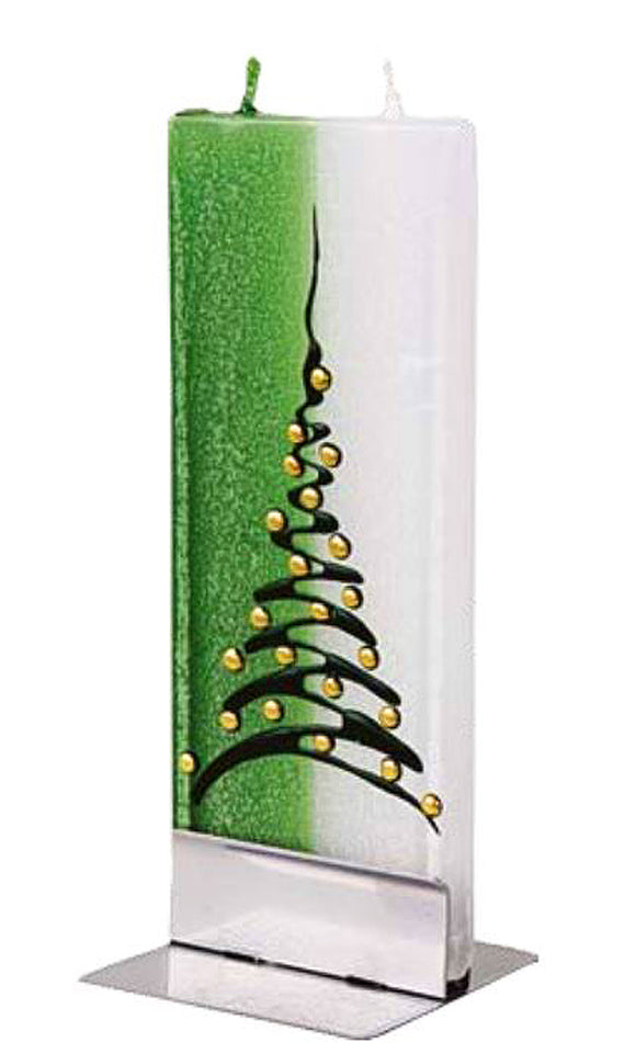 Flatyz Handmade Lithuanian Twin Wick Unscented Thin Flat Candle- Green & White Christmas Tree