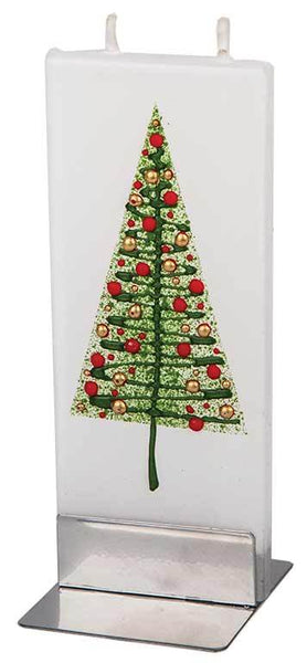 Flatyz Handmade Twin Wick Unscented Thin Flat Candle - Green Christmas Tree with Red and Gold Balls