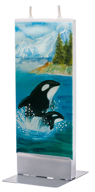 Flatyz Handmade Lithuanian Twin Wick Unscented Thin Flat Candle - Orca Whale and Baby