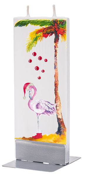 Flatyz Handmade Lithuanian Twin Wick Unscented Thin Flat Candle - Christmas Flamingo and Palm Tree