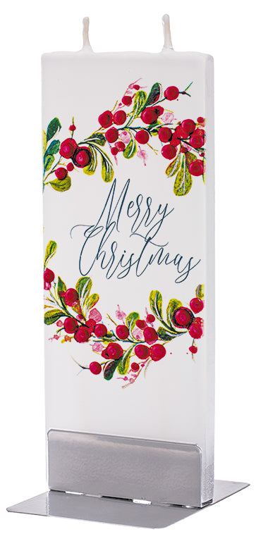 Flatyz Handmade Lithuanian Twin Wick Unscented Thin Flat Candle - Merry Christmas Wreath with Berries