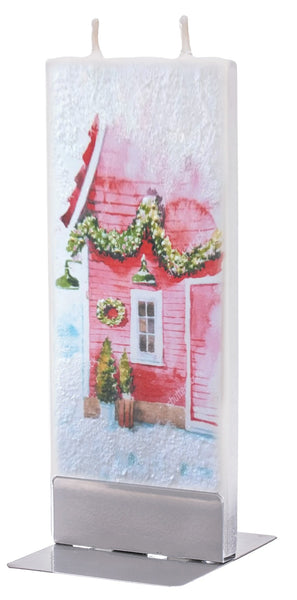 Flatyz Handmade Lithuanian Twin Wick Unscented Thin Flat Candle - Red Winter Christmas House