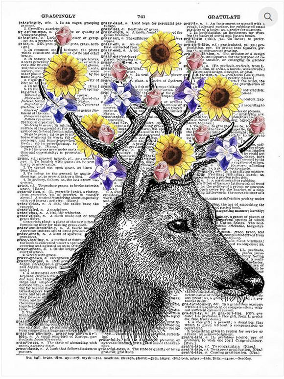 Artnwordz Deer Floral Antlers Original Dictionary Sheet Pop Art Wall or Desk Art Print Poster