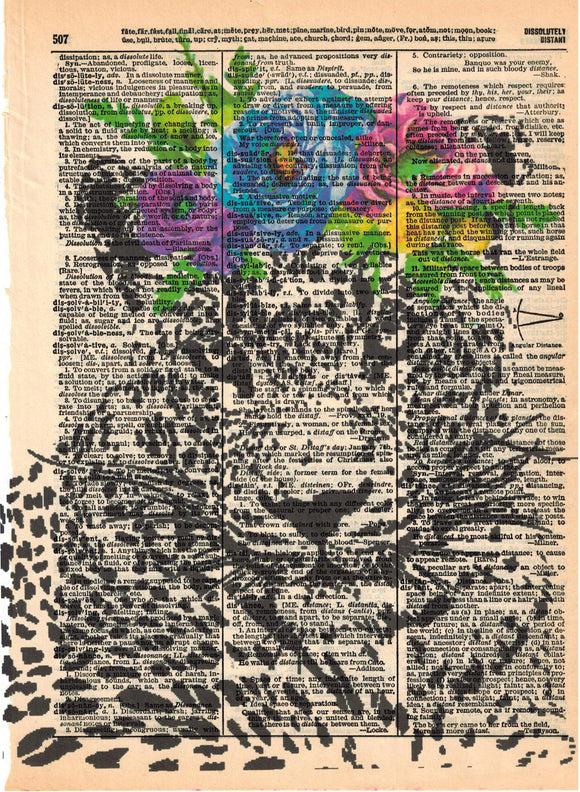 Artnwordz Leopard with Flowers Dictionary Page Wall Art Print