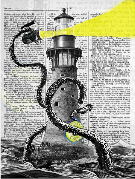 Artnwordz Lighthouse Kraken Octopus Original Dictionary Sheet Pop Art Wall or Desk Art Print Poster