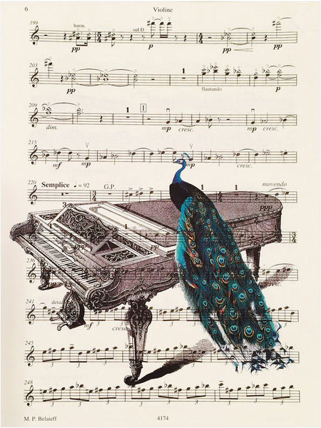 Artnwordz Peacock Piano Original Music Sheet Pop Art Wall or Desk Art Print Poster