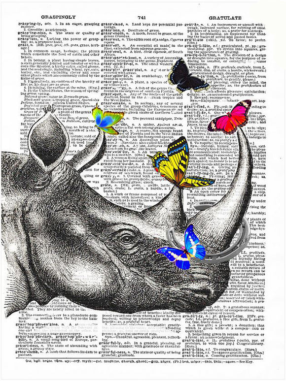 Artnwordz Rhino Butterflies Original Dictionary Sheet Pop Art Wall or Desk Art Print Poster