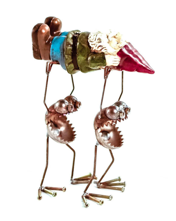 Sugarpost Scrap Metal Gnome Be Gone- Gnome Bearers With Gnome Mini Indoor Outdoor Metal Art Sculptures