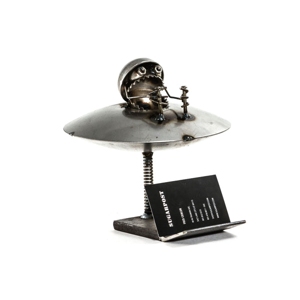 Sugarpost Alien UFO Business Card Holder Welded Metal Art - 7" Tall