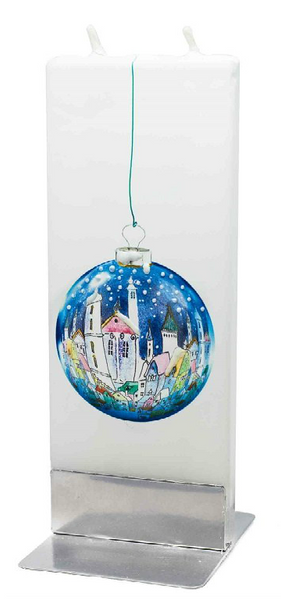 Flatyz Handmade Twin Wick Unscented Thin Flat Candle - Blue Christmas Ball with Town