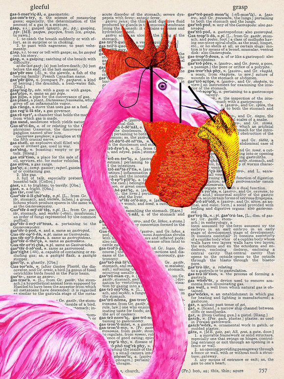 Artnwordz RoosterMingo (Rooster + Flamingo) Dictionary Page Wall Art Print